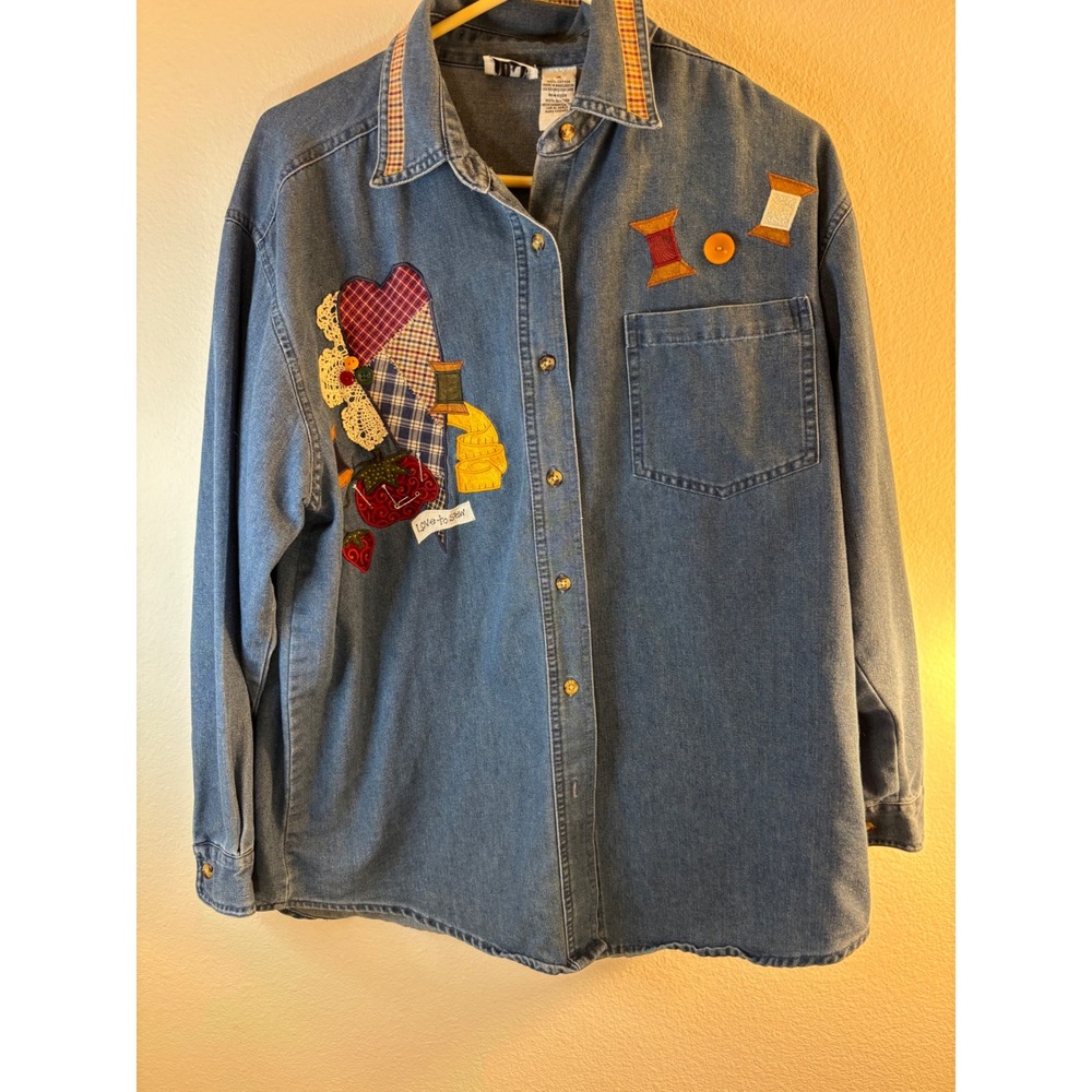 Vintage PTNY Love to Sew Denim Button Down Shirt Patchwork Embroidery Medium